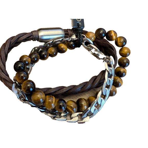 NEW Anthony Jacobs Stainless Steel, Leather & Tiger's Eye Bracelet Set NWT - Picture 1 of 6